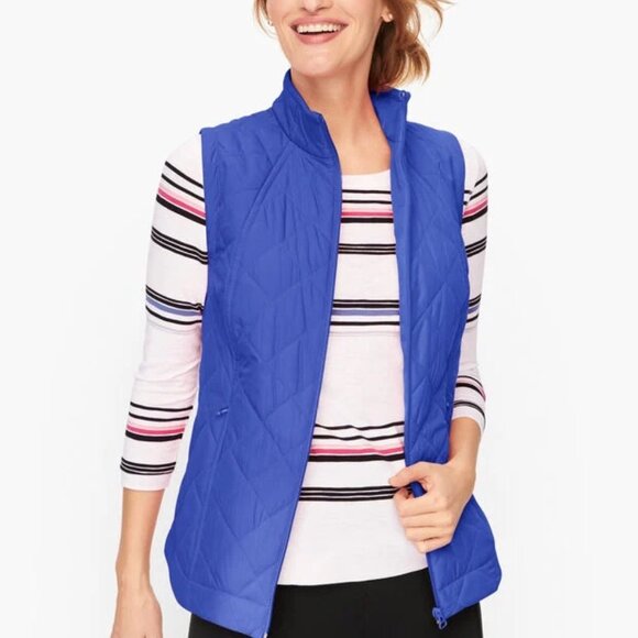 Talbots Women's Lightweight Quilted Fleece Vest Blue Rib Trim Stand Collar Sz SP - Picture 1 of 14